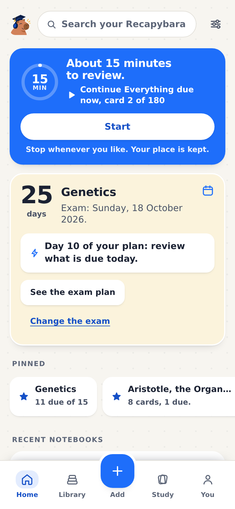 The app's home screen: about fifteen minutes to review today.