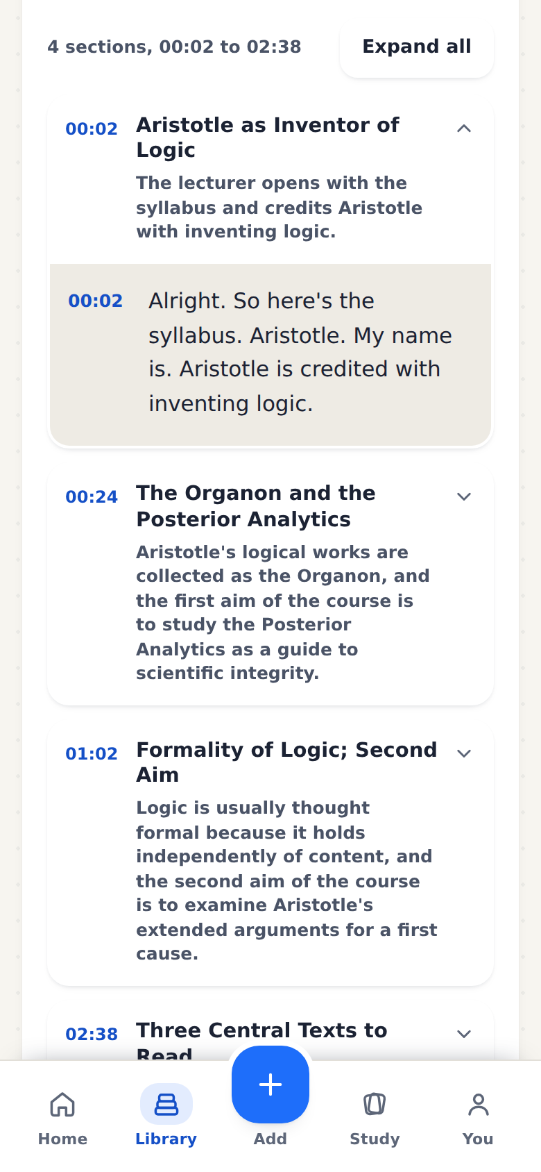 The transcript: the lecture in sections, each line with the time it was said.