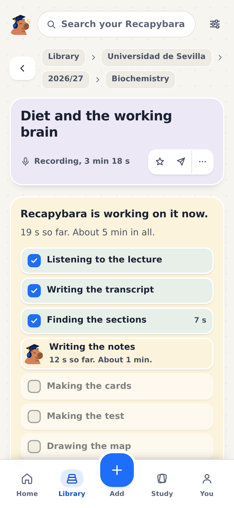 A lecture being processed: listening, writing the transcript, finding the sections, writing the notes.