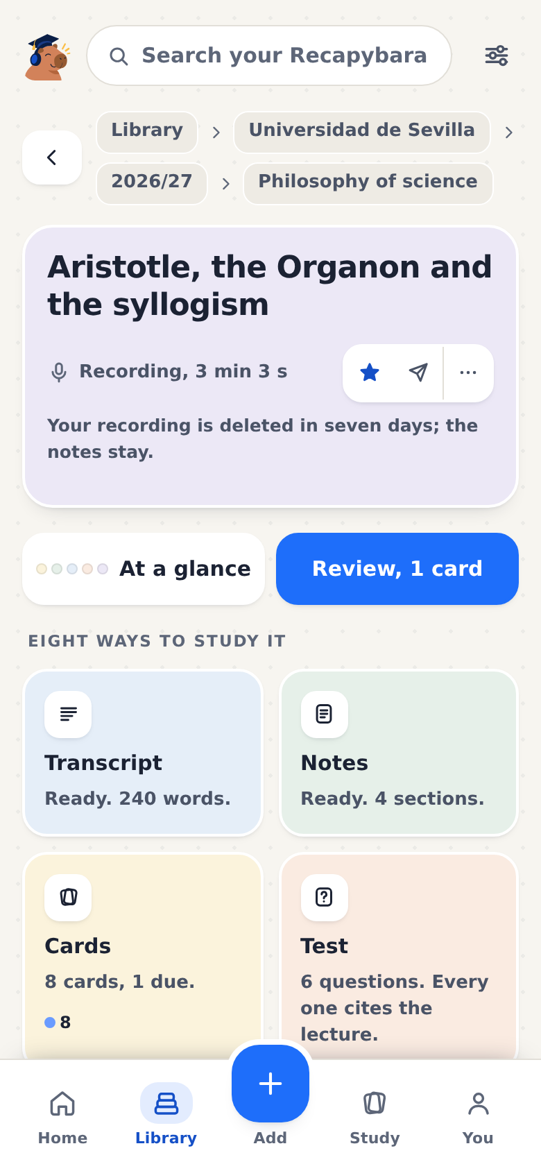 A lecture's page, with its eight ways to study it.