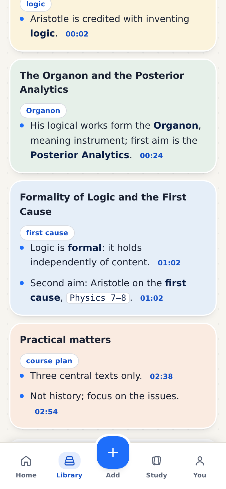 The notes: sections and key terms, each point with the time it was said.