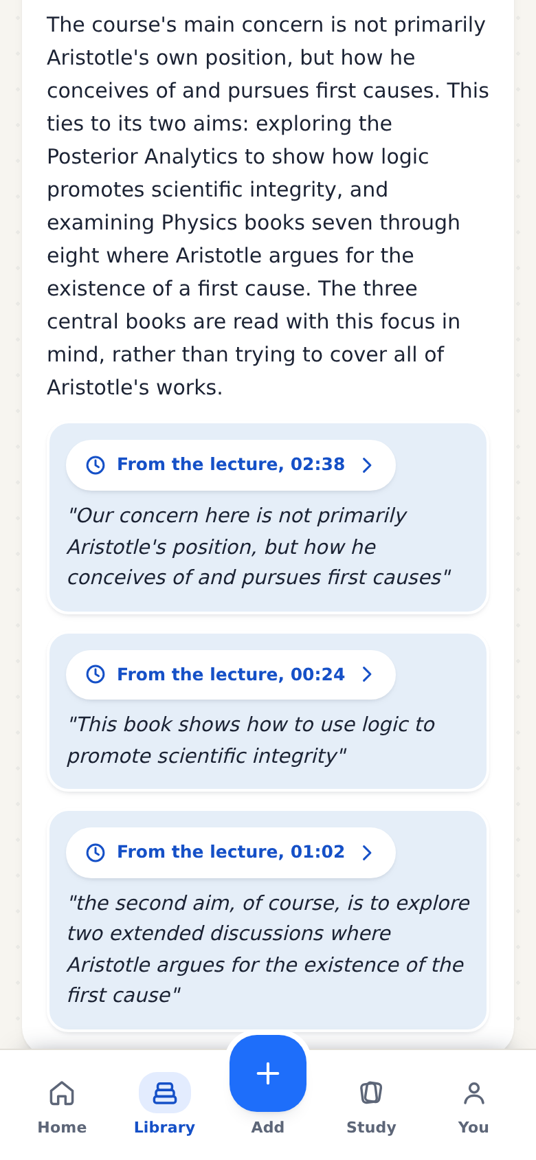The tutor answering from the lecture, citing the minutes it quotes.